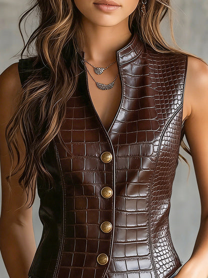 sheenchic Daily Brown Stand-Up Collar Vintage Button PU Leather Vest [Pre-Order]