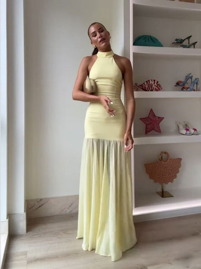 Tulle Hanging  Neck Panel Evening Gown