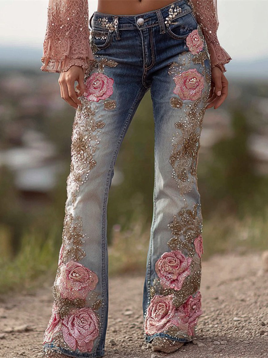 Daily Blue Floral Pocket Western Jeans