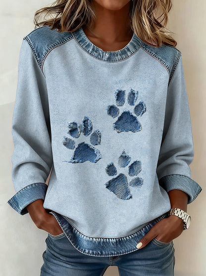 Vacation Light Blue Round Neck Long Sleeve Contrast Vintage Denim Blouses