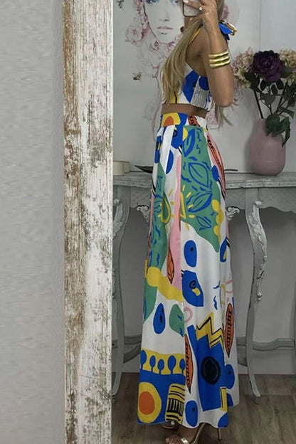 Graffiti Printed Tie Shoulder Top & Pleated Skirt Set