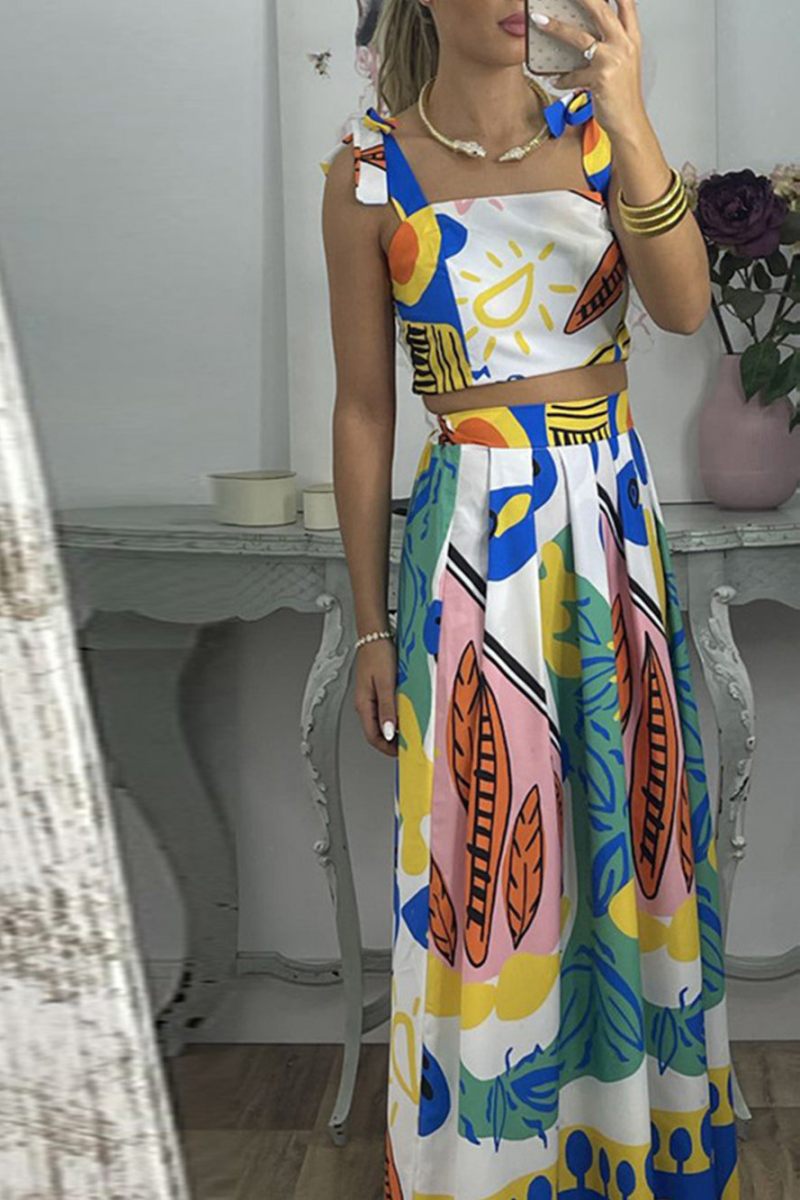 Graffiti Printed Tie Shoulder Top & Pleated Skirt Set