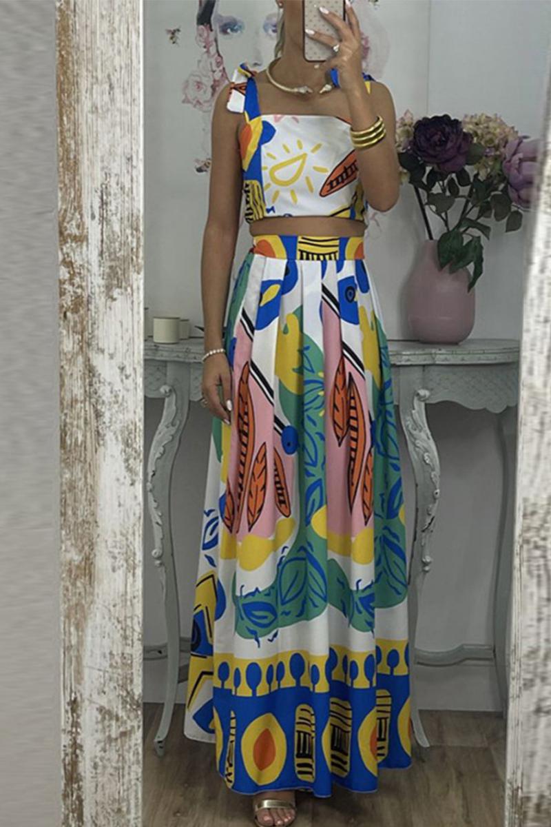 Graffiti Printed Tie Shoulder Top & Pleated Skirt Set