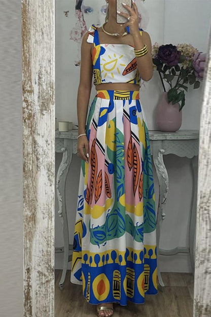 Graffiti Printed Tie Shoulder Top & Pleated Skirt Set