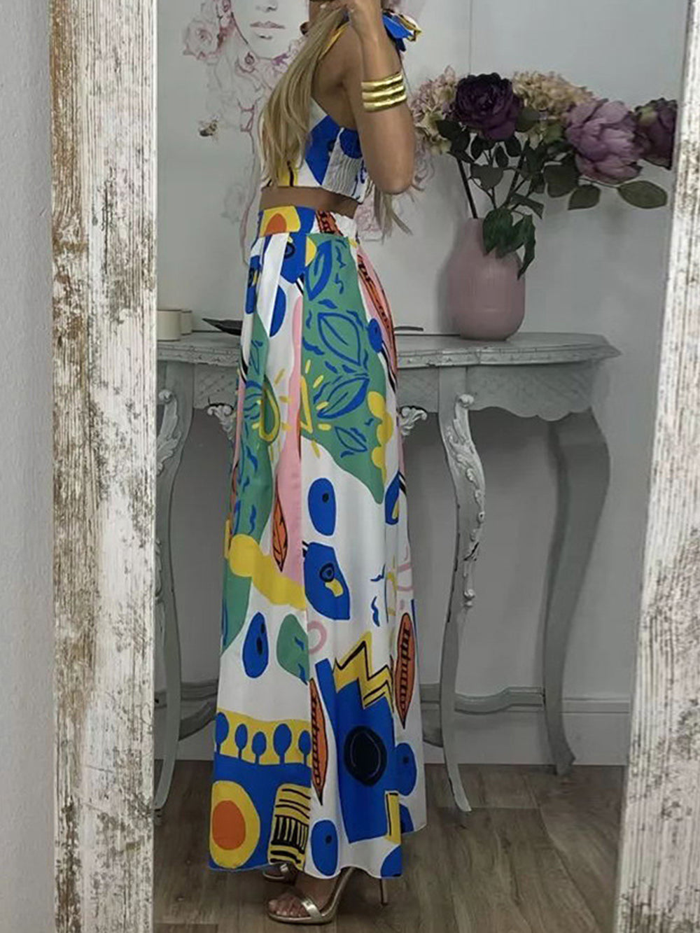 Graffiti Printed Tie Shoulder Top & Pleated Skirt Set