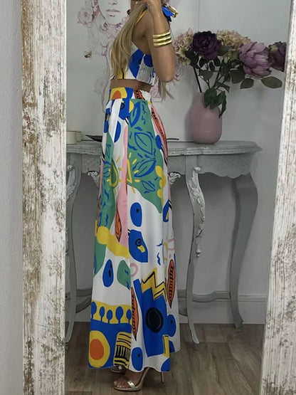 Graffiti Printed Tie Shoulder Top & Pleated Skirt Set