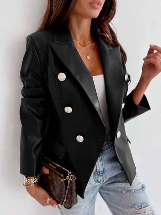 Double Breasted Leather Blazer Moto Jacket