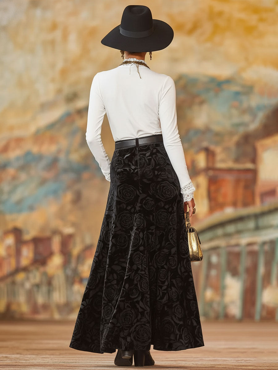 Black Rose Print A-line Velvet Skirt