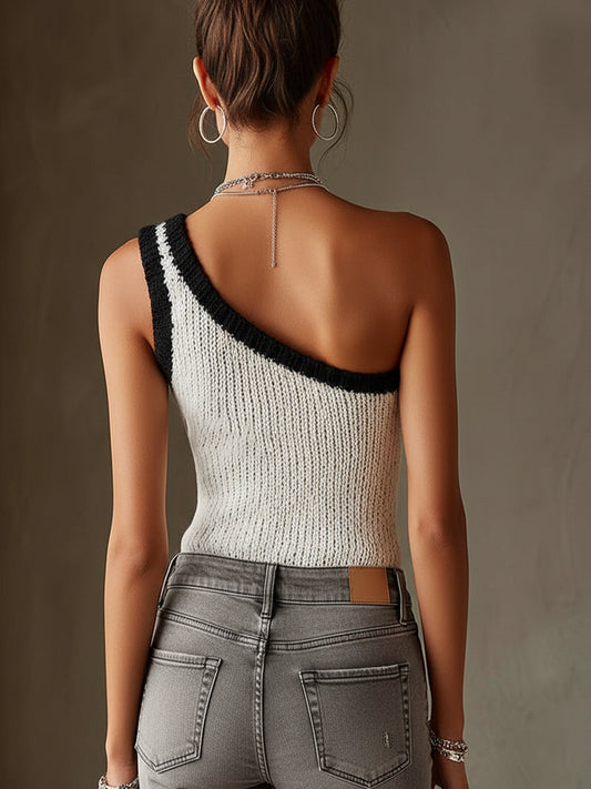 White And Black One-Shoulder Knit Tank Top With Cat Motif