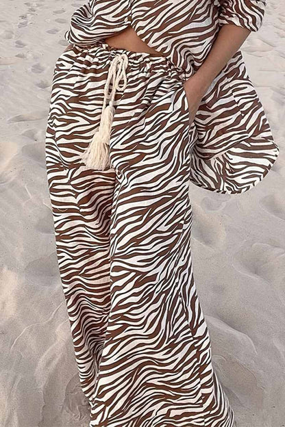 Button Open Collar Loose Zebra Print Drawstring Wide Leg Pants-Set