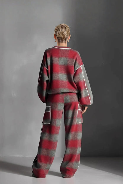 Fashion Street-Style Red and Gray Plaid Color-Block Loose Top