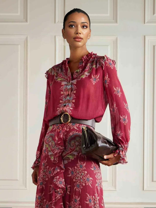 Exquisite Bohemian Ruffled Printed Chiffon Skirt