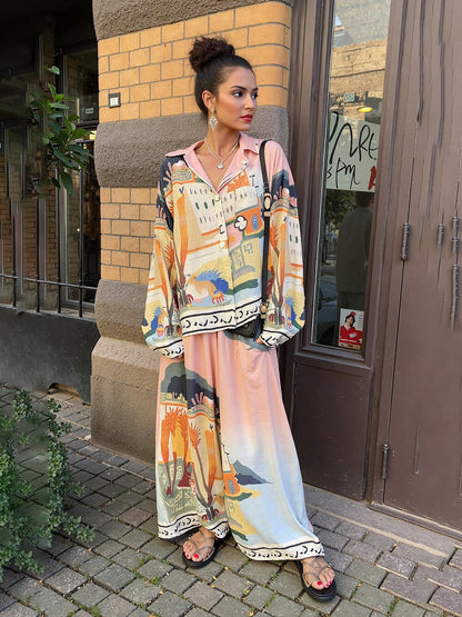 Unique Satin Landscape Print Loose Oversized Shirt