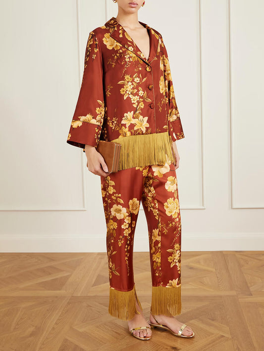 Exquisite Fringe Floral Print Satin Shirt and Elastic-Waist Wide-Leg Pants Set