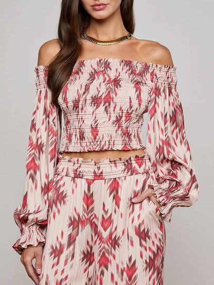 Retro Printed Ruched Stretch Off-Shoulder Top