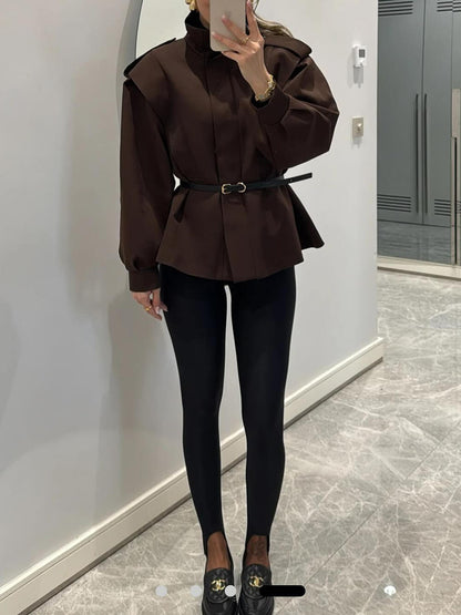 Modern Bold Stand Collar Button-Up Lantern Sleeve Loose Jacket