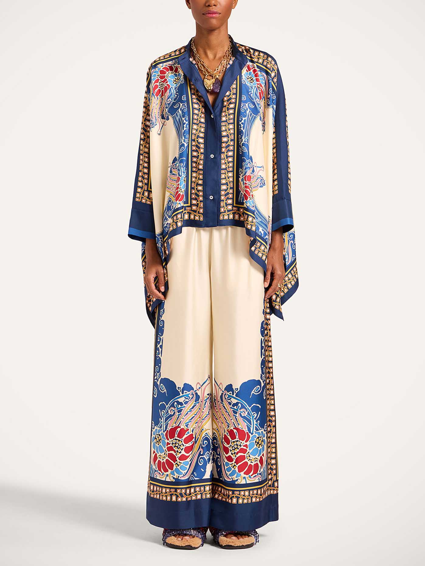 Elegant Bohemian Print Kimono Shirt Two-Piece Set