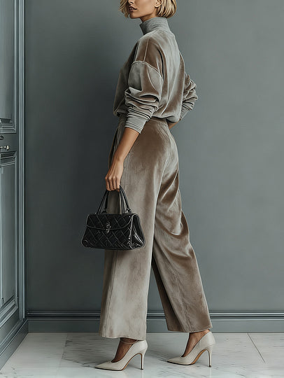 Elegant High-neck Velvet Pleated Wide-leg Pants Two-piece Set