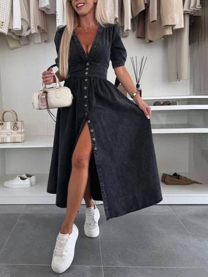 Unique Pleats Solid Color V-Neck Button-Down Denim Midi Dress