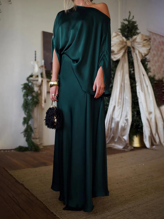 Exquisite Satin Pleated Shirt and High-Waist Maxi Skirt Set