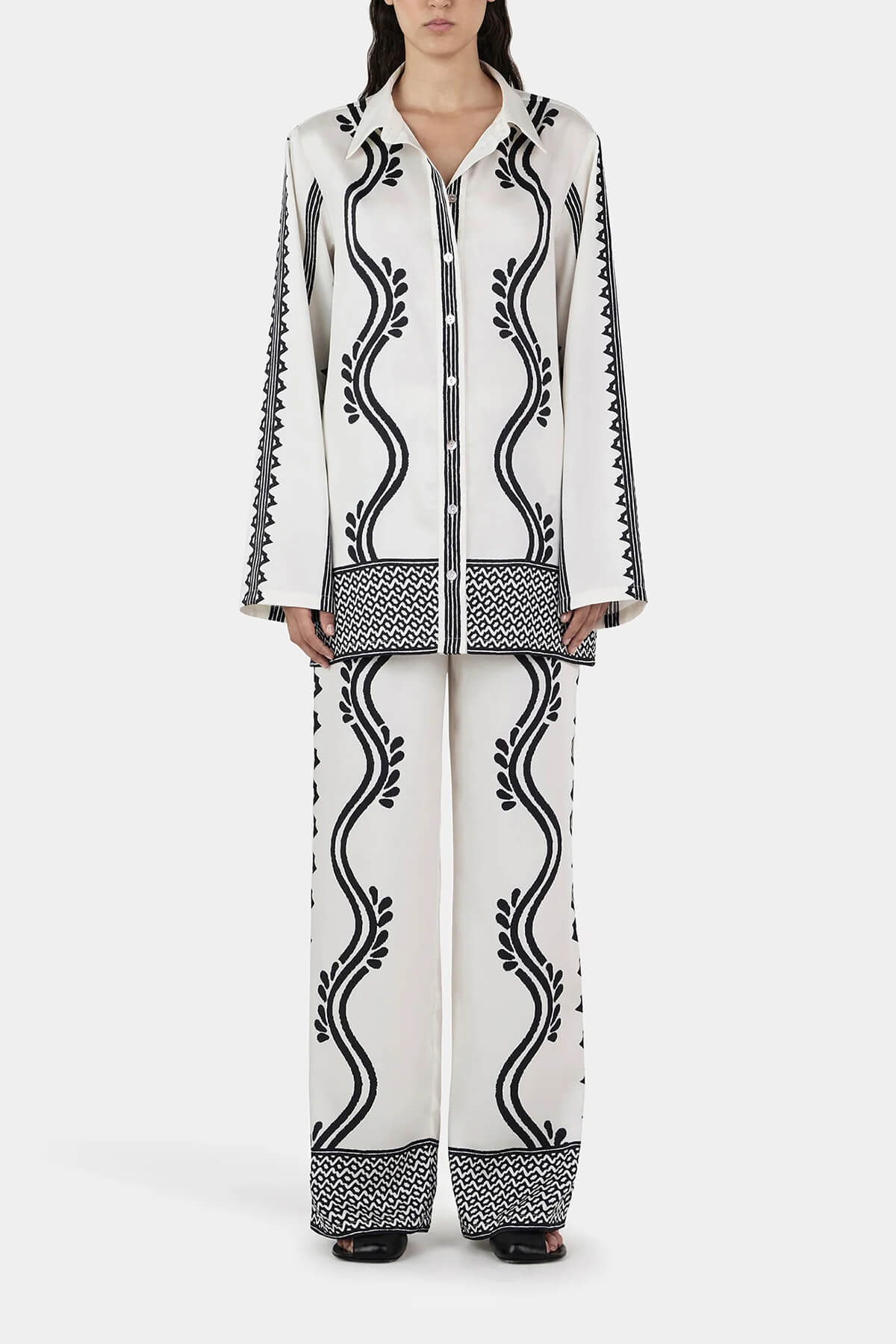 Retro Geometric Wave Print Loose Button-Down Shirt