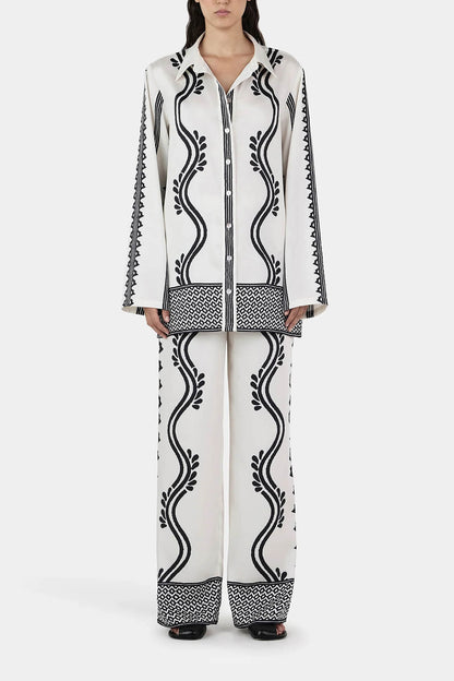 Retro Geometric Wave Print Loose Button-Down Shirt