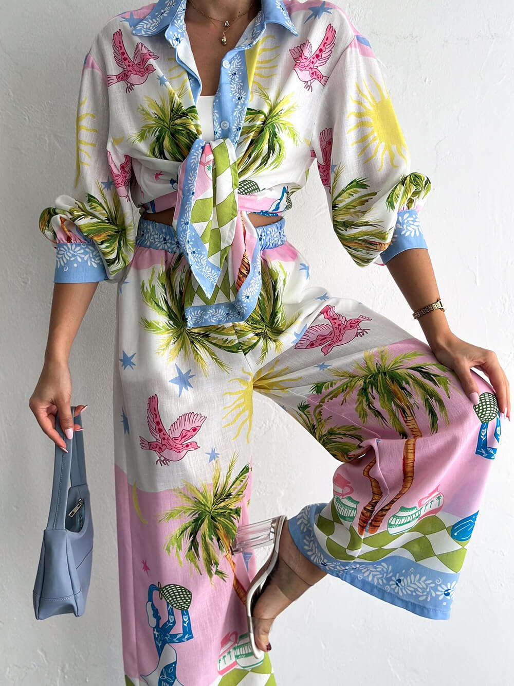 Unique Seaside Palm Tree Print Loose Button-Down Oversized Shirt