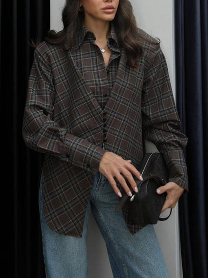 Casual Plaid Asymmetrical Padded Shoulder Shirt