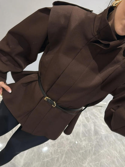 Modern Bold Stand Collar Button-Up Lantern Sleeve Loose Jacket