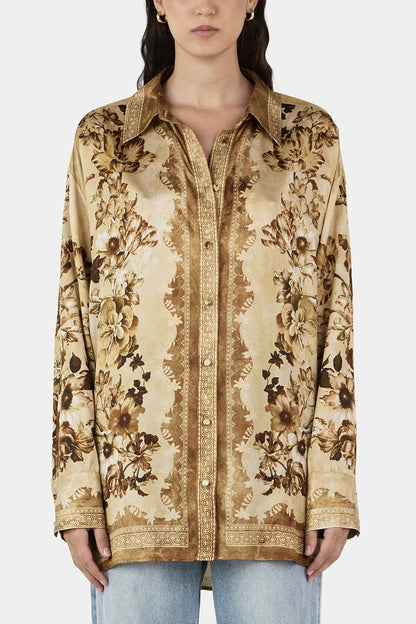 Unique Modern Floral Print Loose-Fitting Button-Down Shirt