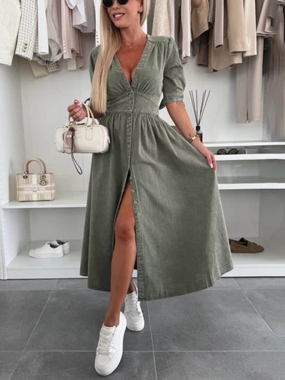 Unique Pleats Solid Color V-Neck Button-Down Denim Midi Dress