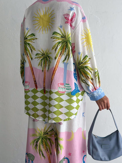 Unique Seaside Palm Tree Print Loose Button-Down Oversized Shirt