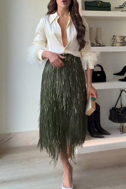 Exquisite Feather-Trim Button-Up Shirt And Sequin Fringe Skirt Set
