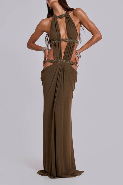 Elegant And Sexy Sequins Rhinestone Shoulder Strap Cutout Design Backless Drape Maxi Dress