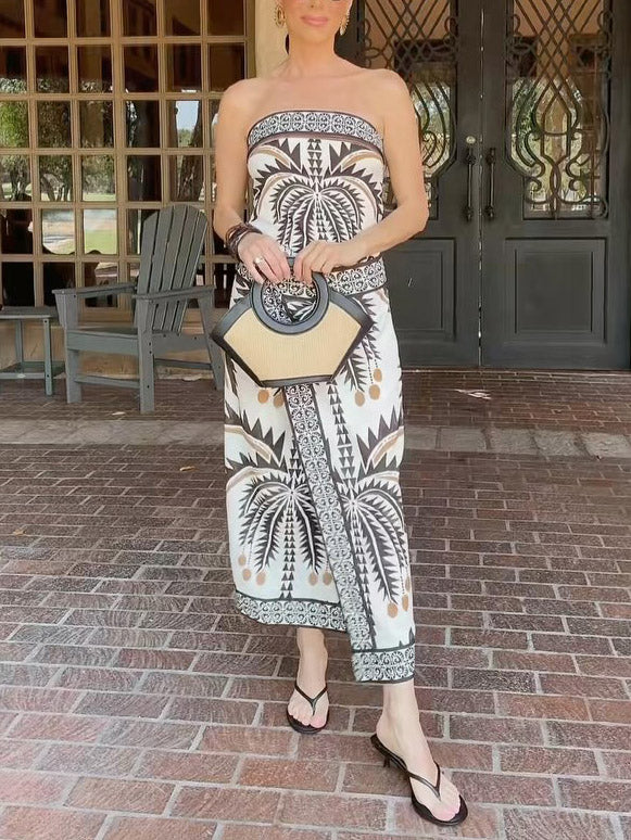 Retro Palm Tree Print Tube Top Two-Piece Set