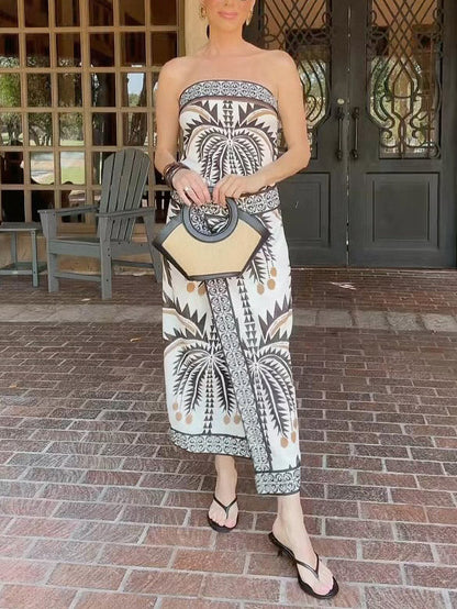 Retro Palm Tree Print Tube Top Two-Piece Set