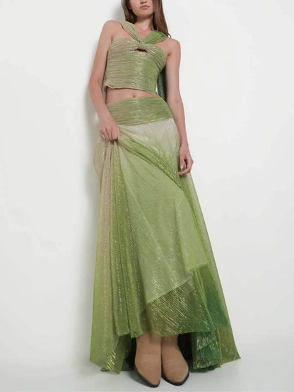 Elegant Ombre Printed One-Shoulder Cutout Top and High-Waisted A-Line Skirt Set