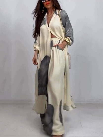 Elegant Loose Printed Midi Top Wide Leg Pants Set