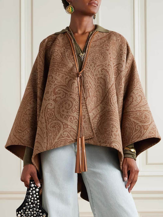 Casual Leather-Trim Paisley Print Cape Coat
