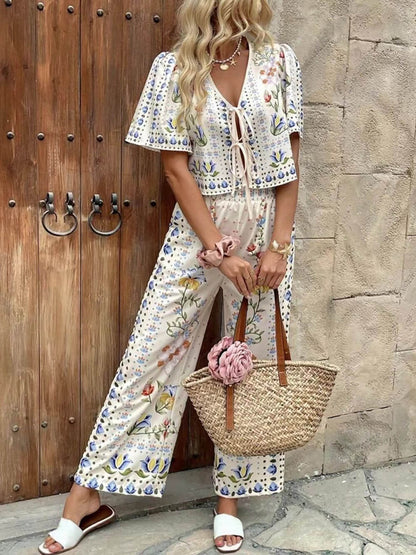 Unique Floral Print Tie-Front Top High-Waist Straight-Leg Pants Set