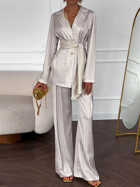 Elegant Lapel Striped Print Tie-Waist Blazer