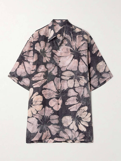 Unique Floral Print Satin Button-Down Loose-Fitting Shirt