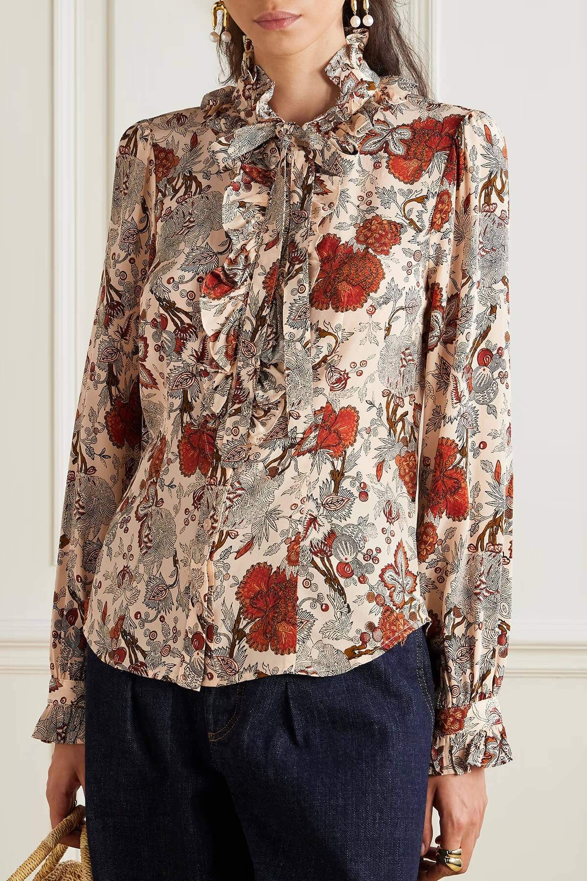 Unique Pussy-Bow Floral-Print Satin Blouse