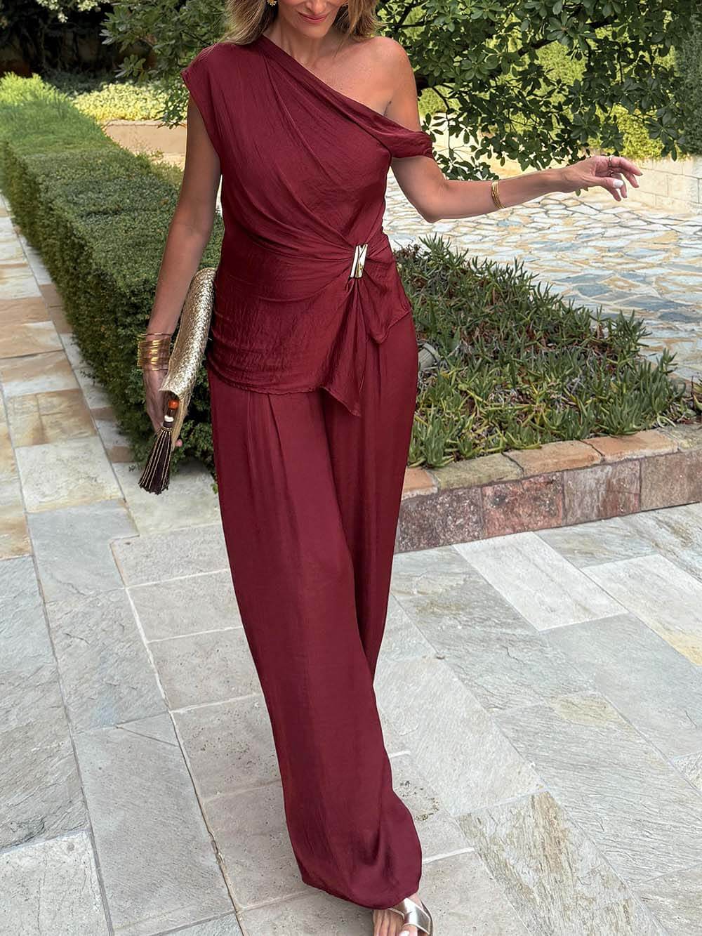 Unique Asymmetric Hem Metallic Accents Top