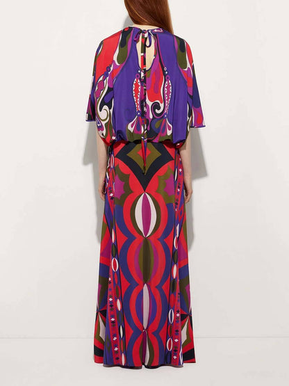 Unique Satin Rainbow Print Round-Neck Tie-Down Loose Blouse