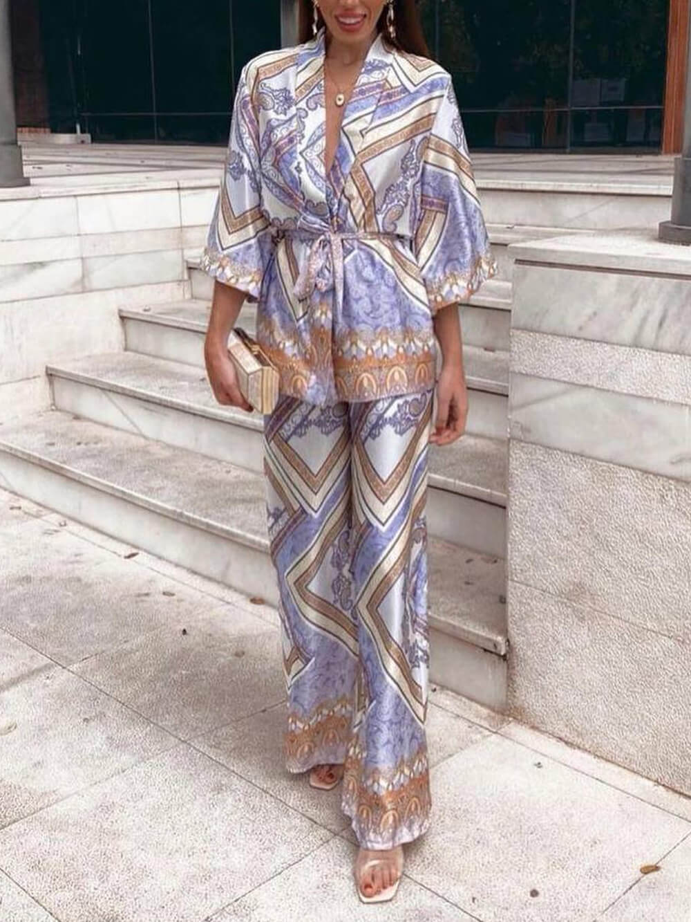 Elegant Unique Pattern Printed Belted Loose Lapel Top