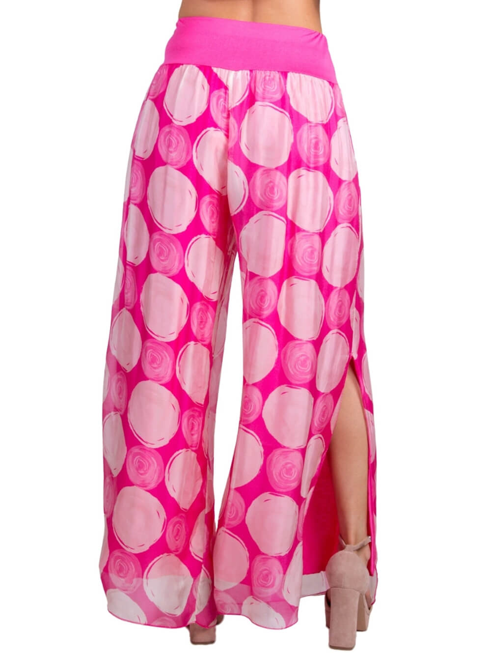 Bohemian Swirl Dot Print Elastic Waistband and Hem Side Slits Slits Pants