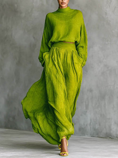 Casual Green Turtleneck Loose-Fit Top