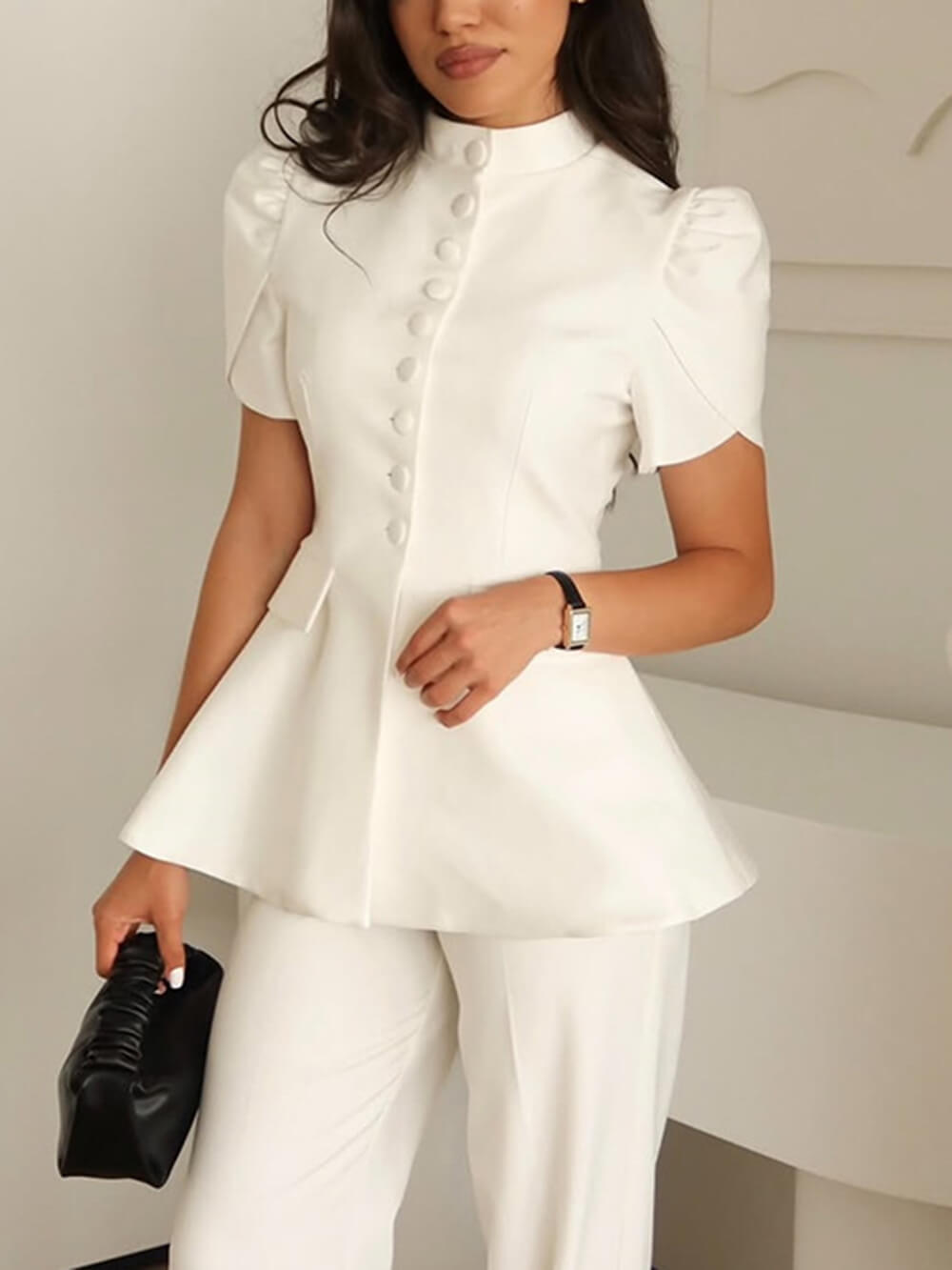 Sweet Stand Collar Single-Button High-Waist Top