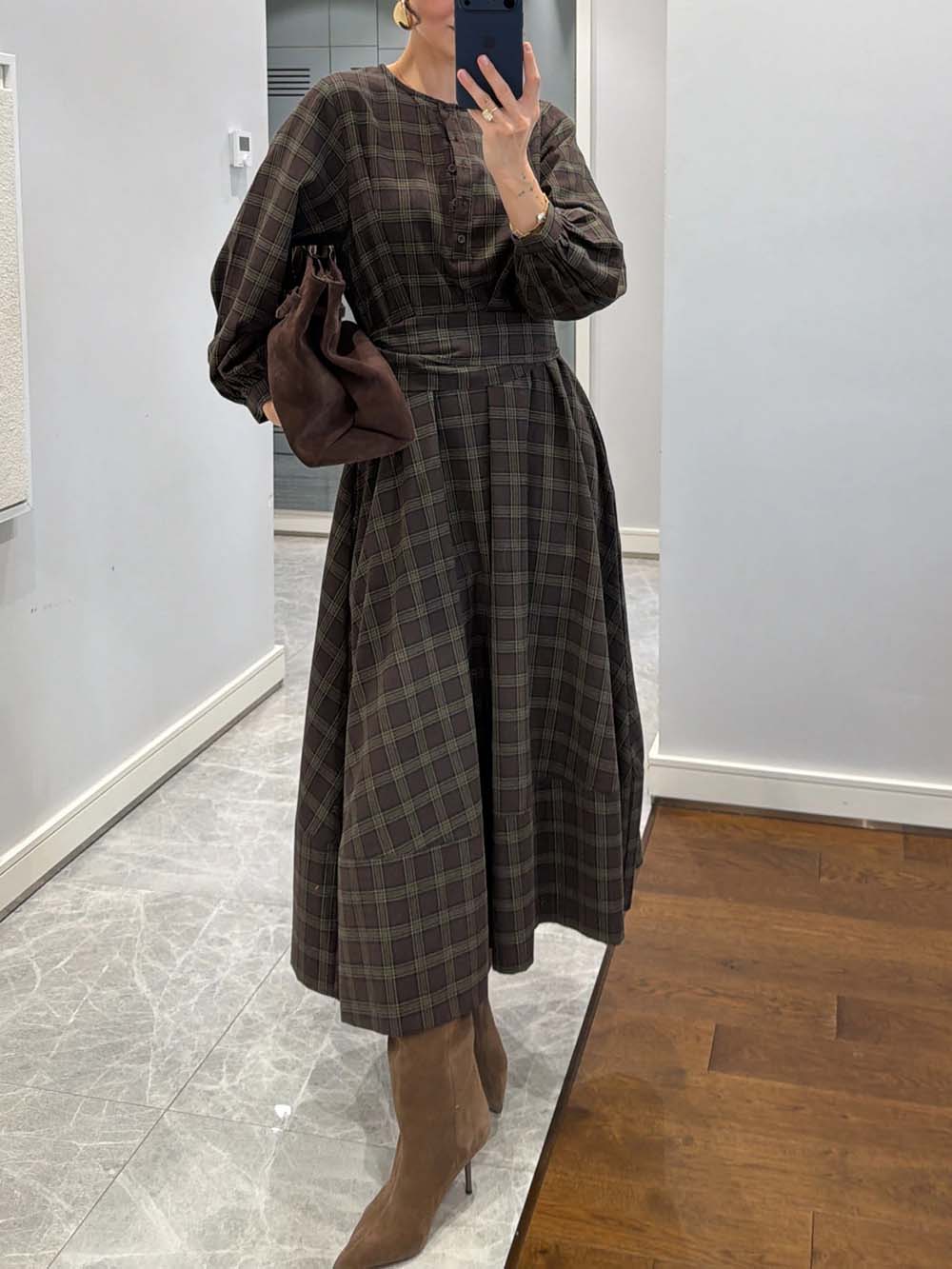 Retro Plaid Print Belted Midi Dress